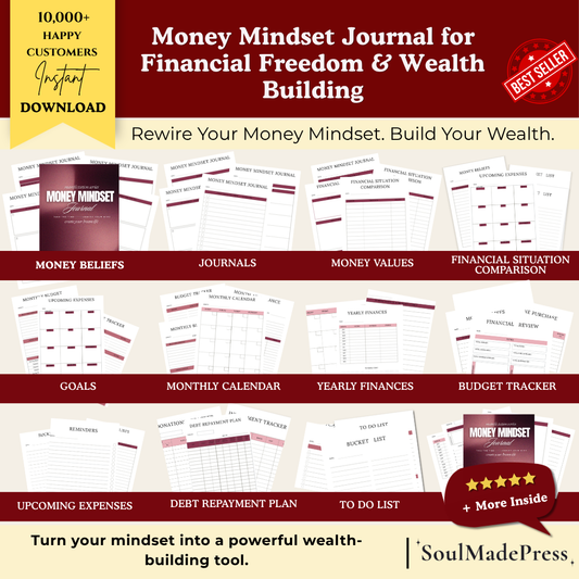 Money Mindset Journal for Financial Freedom & Wealth Building with various sections on a red and white background.