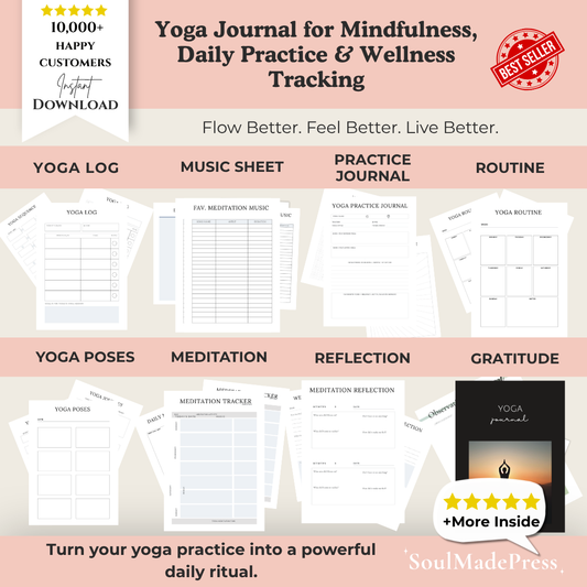 Yoga Journal Printable Workbook – Yoga Practice Tracker, Meditation Log, Mindfulness Planner, Habit Tracker & Self Care Wellness Journal
