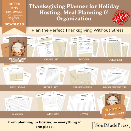 Thanksgiving planner for holiday hosting, meal planning, and organization with various sections on a beige background.