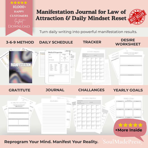 Manifestation Journal Printable – Law of Attraction Journal, 369 Method Workbook, Gratitude & Affirmation Planner for Manifesting Goals, Abundance & Dream Life