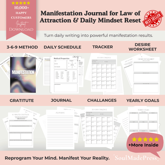Manifestation Journal for Law of Attraction with various sections on a pink background