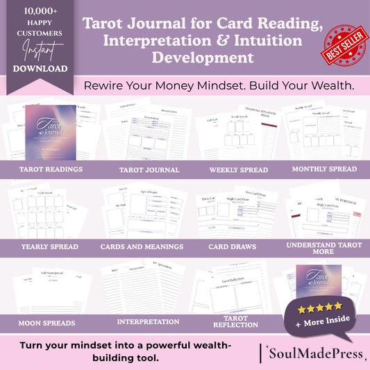 Tarot Journal for Card Reading, Interpretation & Intuition Development with promotional text and graphics.