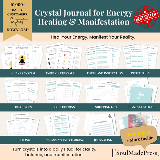 Crystal Journal for Energy Healing & Manifestation with various sections and a bestseller badge.