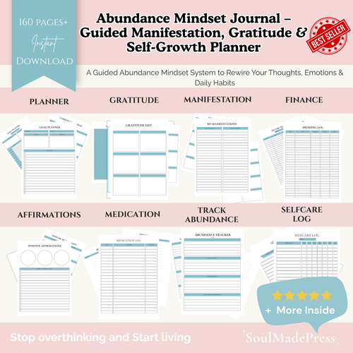 Abundance Mindset Journal Printable – Manifestation Planner, Gratitude Journal, Money Mindset & Self Growth Workbook
