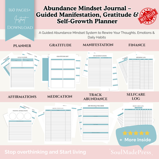 Abundance Mindset Journal Printable – Manifestation Planner, Gratitude Journal, Money Mindset & Self Growth Workbook