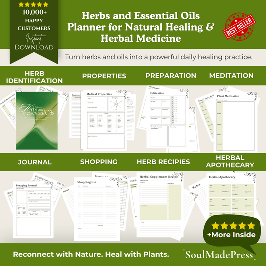 Herbs and Essential Oils Planner for Natural Healing & Herbal Medicine with various sections on a green background.