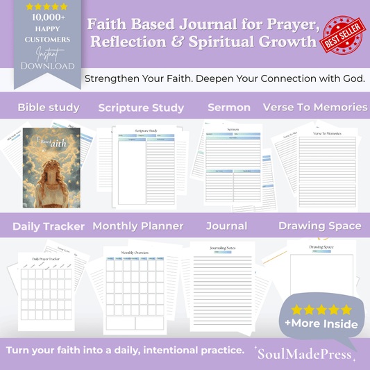 Faith-based journal for prayer, reflection, and spiritual growth with various sections on a purple background.