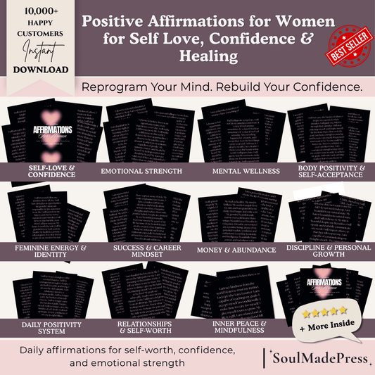 Promotional graphic for 'Positive Affirmations for Women' with various categories of affirmations.