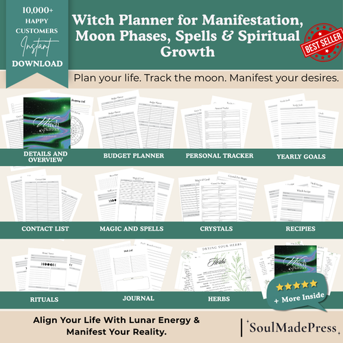 Witchy Planner Printable Planner – Moon Phase Planner, Tarot & Spell Journal, Herbal Magic Guide, Manifestation & Astrology Planner, Witchcraft Grimoire Workbook