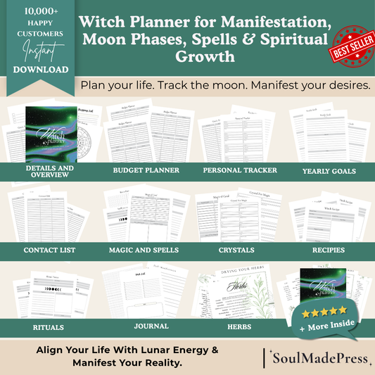 Witchy Planner Printable Planner – Moon Phase Planner, Tarot & Spell Journal, Herbal Magic Guide, Manifestation & Astrology Planner, Witchcraft Grimoire Workbook