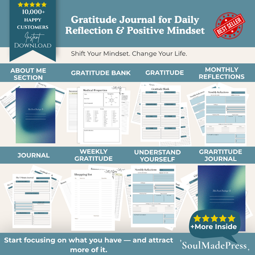 Gratitude Journal Printable – Daily Gratitude Planner, 5 Minute Journal, Self Care & Manifestation Workbook for Mindfulness, Positivity & Mental Wellness