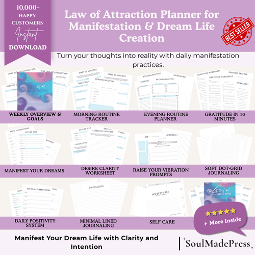 Law of Attraction Planner Printable – Manifestation Journal, Affirmation Workbook, Vision Board Planner, Gratitude & Mindset Tracker for Dream Life & Abundance