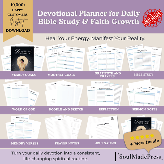 Devotional planner for daily Bible study and faith growth with various sections on a beige background.