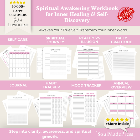 Spiritual Awakening Workbook for Inner Healing & Self-Discovery with various tracking pages on a light background.