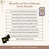 Ultimate Tarot Learning Bundle: Tarot Guidebook, Cheat Sheet, Journal, 78 Card Meanings & Tarot Spreads, free bonus