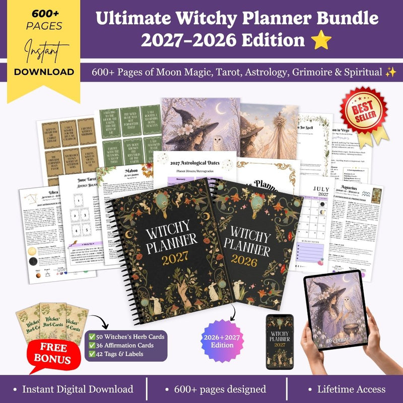 Ultimate Witchy Planner Bundle 2027–2026 | Grimoire, Book of Shadows | Moon Manifestation Planner, Tarot Journal, Lunar Calendar, Astrology Planner & Spell Book